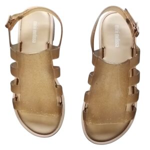 Mini Melissa Girl's BOEMIA Flat Sandal, Glossy Gold/Beige, Glittery 4 US